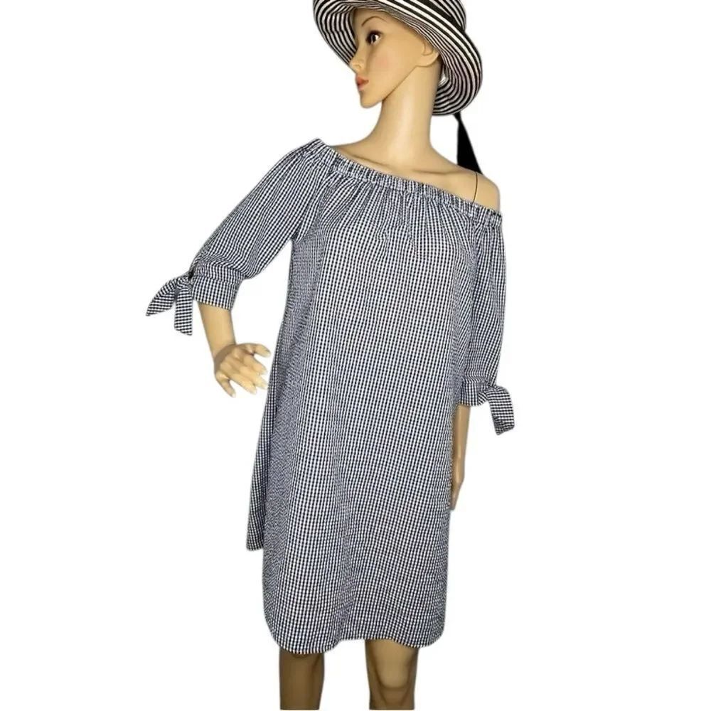 Tacera Gingham Off Shoulder Dress Black White 3/4 Sleeve Size Medium